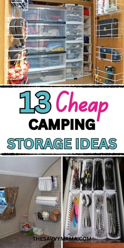 Clear plastic drawers, hanging wire baskets, and organized cutlery bins are shown as part of budget-friendly camper and RV storage ideas. These space-saving solutions are ideal for travel trailers and small camper interiors.