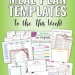 A set of 11 free meal plan templates featuring colorful weekly and monthly designs to help families organize meals and grocery lists efficiently.