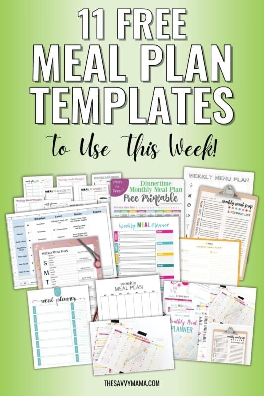 A set of 11 free meal plan templates featuring colorful weekly and monthly designs to help families organize meals and grocery lists efficiently.