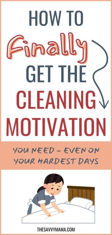 A cute illustration of a smiling girl dusting a dresser, representing small, easy cleaning tasks to build motivation when energy is low.