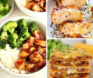A collage of three easy dinner ideas: a teriyaki chicken bowl with rice and steamed broccoli, juicy grilled chicken breasts with herbs, and crispy cheesy beef quesadillas stacked on top of each other.