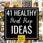 A collage of various healthy meal prep ideas, showcasing a variety of colorful and nutritious meals in meal prep containers. The central image features the text '41 Healthy Meal Prep Ideas' in bold white letters on a black background, with a yellow 'click here!' button. The meals include vibrant salads in mason jars, protein-packed dishes with vegetables, and neatly arranged meals in containers, perfect for easy and organized meal planning.