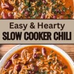 Bowl of easy and hearty slow cooker chili garnished with fresh herbs, showing ground beef, kidney beans, and rich tomato sauce.