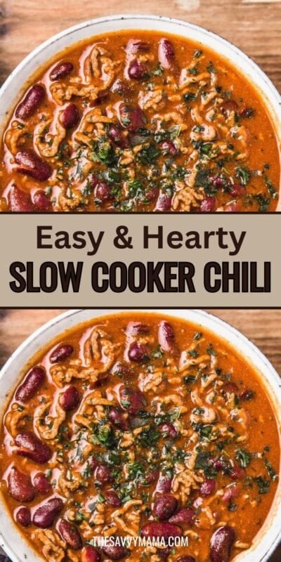 Bowl of easy and hearty slow cooker chili garnished with fresh herbs, showing ground beef, kidney beans, and rich tomato sauce.