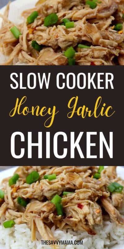 A plate of slow cooker honey garlic chicken served over white rice, garnished with green onions and red pepper flakes. A simple, one-pot meal made with real food ingredients.