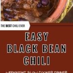 Bowl of shredded beef and black bean chili served in a rustic clay dish, topped with fresh parsley, with text overlay reading “Easy Black Bean Chili – Weeknight Slow Cooker Dinner.”