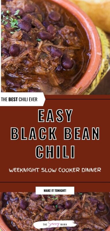 Slow Cooker Black Bean Chili and Shredded Beef (2025) 2 Bowl of shredded beef and black bean chili served in a rustic clay dish, topped with fresh parsley, with text overlay reading “Easy Black Bean Chili – Weeknight Slow Cooker Dinner.”