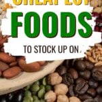 An assortment of various dried beans, legumes, and grains is displayed with a title overlay about budget grocery staples for a week.