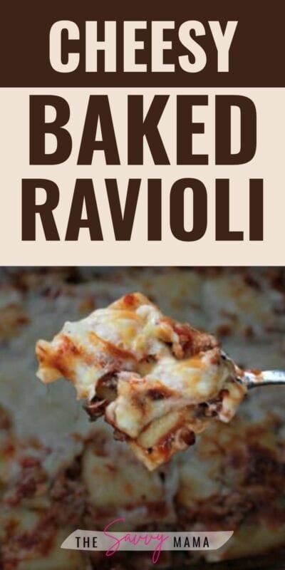 Easy Baked Ravioli Recipe (2025) 2 A spoonful of cheesy baked ravioli casserole being lifted from a pan, showing layers of ravioli, beef, marinara sauce, and melted mozzarella.