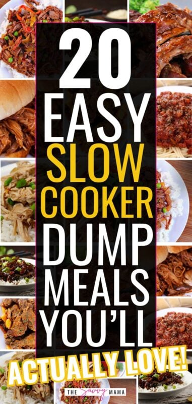 A collage of hearty homemade dinners made in a slow cooker, including shredded chicken tacos, pulled pork sandwiches, Mongolian beef, and pasta with meat sauce. Text overlay reads &ldquo;20 Easy Slow Cooker Dump Meals You&rsquo;ll Actually Love,&rdquo; promoting a meal plan of 20 quick prep-and-freeze crockpot recipes.