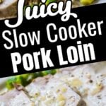 Sliced slow cooker pork loin topped with creamy basil sauce and served with Brussels sprouts on a white plate — a juicy, tender, and flavorful family dinner.