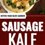 A creamy bowl of sausage and kale soup made with tender potatoes and sausage in a rich broth — an easy Olive Garden copycat slow cooker recipe topped with fresh kale.