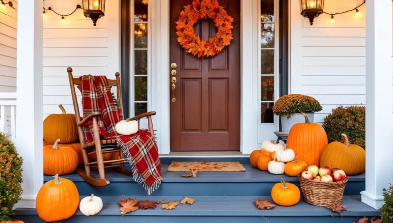 Rocking chair on front porch with blanket