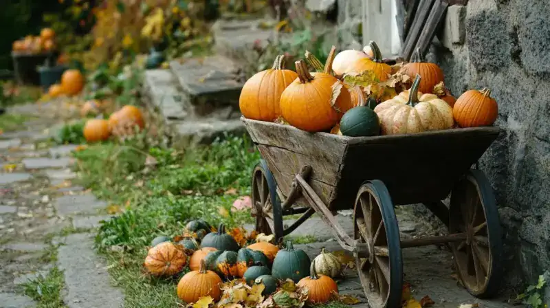wheelbarrow with pumpkins and gourds