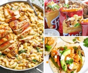 A collage of three delicious and easy dinner recipes: walking tacos in individual bags, a creamy mac and cheese with chicken meal, and a colorful wrap or fajita filled with fresh ingredients.