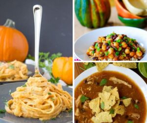 A collage of three vibrant fall dinner recipes. The left image features creamy pumpkin pasta garnished with fresh herbs, set against a dark background with small pumpkins adding to the autumn vibe. The top right image shows a hearty chickpea and black bean chili served over quinoa, topped with chopped green onions. The bottom right image displays a bowl of chicken tortilla soup, garnished with tortilla chips and fresh cilantro. All dishes are warm, comforting, and perfect for a cozy fall evening.
