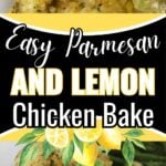 Golden baked Parmesan and lemon chicken served with pasta and green beans, topped with herbs and cheese on a white plate.