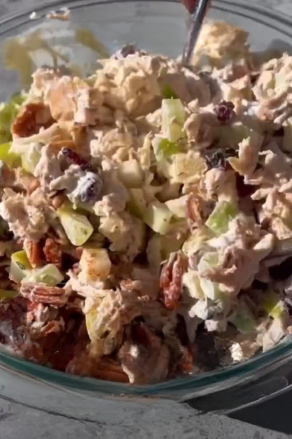 Chicken salad mixed with apples, cranberries, and celery in a glass bowl, showing a fresh lunch option from weight watchers recipes that doesn&rsquo;t feel boring. 