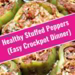 Close-up of healthy crockpot stuffed peppers filled with ground turkey, rice, and tomato sauce, served as an easy slow cooker dinner.