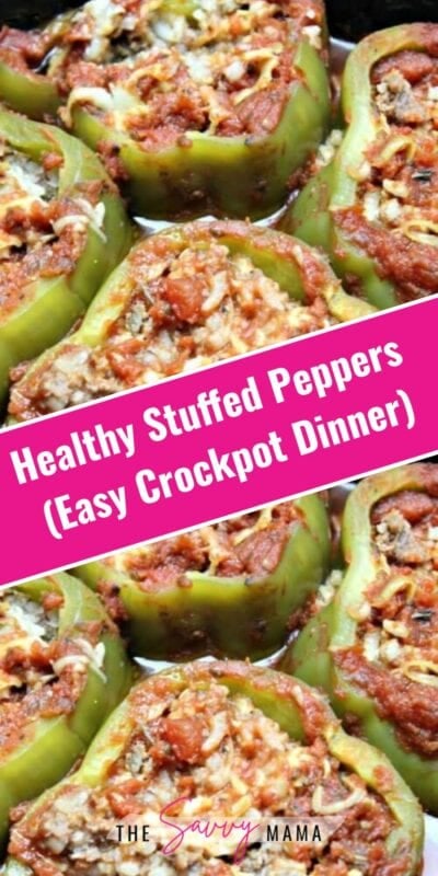 Healthy Stuffed Peppers 2 Close-up of healthy crockpot stuffed peppers filled with ground turkey, rice, and tomato sauce, served as an easy slow cooker dinner.