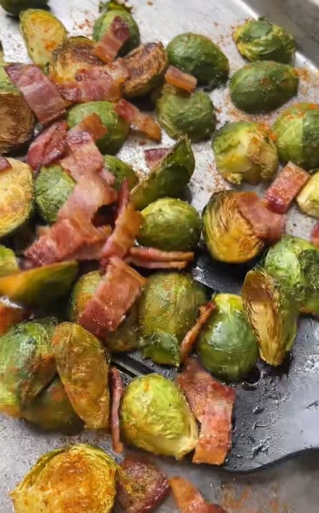 Bacon and brussel sprouts on a sheet pan