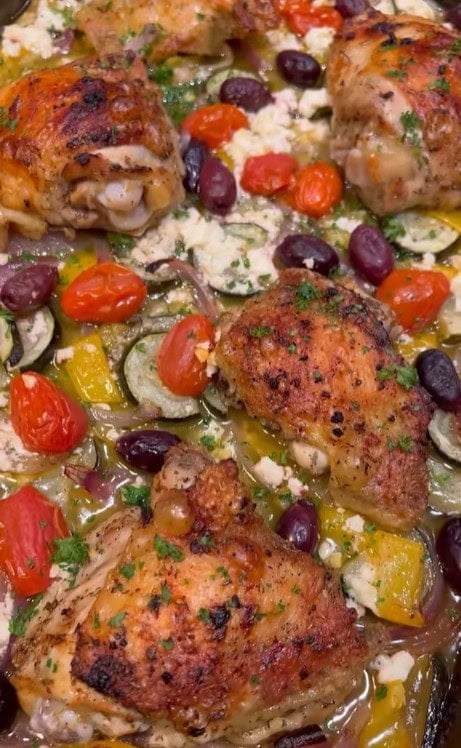 Greek chicken and veggies on sheet pan