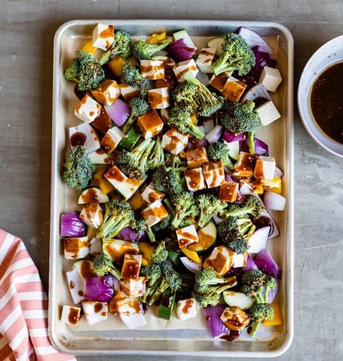 Tofu and veggies on a sheet pan