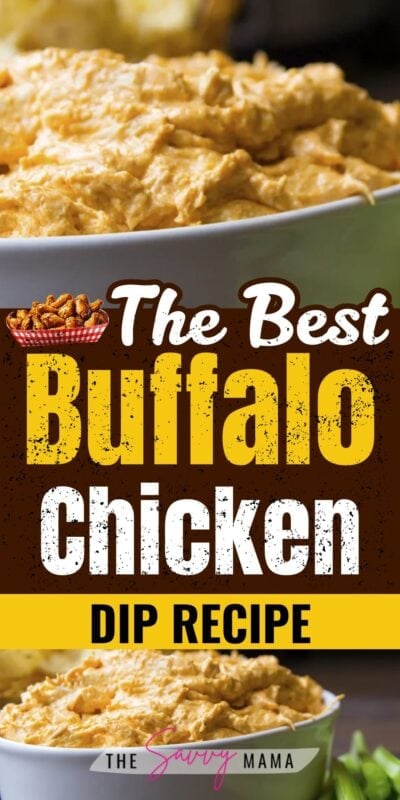 A white bowl filled with creamy Buffalo Chicken Dip, featuring tender shredded chicken and melted cheese, surrounded by celery sticks and chips. A crowd-favorite appetizer perfect for game day or holiday parties.