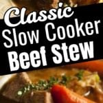 A close-up of classic slow cooker beef stew served in a cream-colored bowl, featuring tender chunks of beef, carrots, and herbs in a thick brown gravy. The photo highlights the comforting, homemade texture of this hearty family meal.