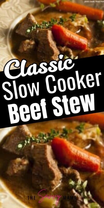 A close-up of classic slow cooker beef stew served in a cream-colored bowl, featuring tender chunks of beef, carrots, and herbs in a thick brown gravy. The photo highlights the comforting, homemade texture of this hearty family meal.