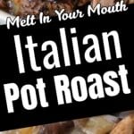 Close-up of tender Italian pot roast with onions and mushrooms in a rich brown sauce, showing the juicy texture of the slow-cooked beef.