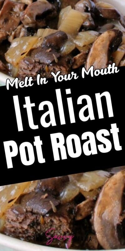 Close-up of tender Italian pot roast with onions and mushrooms in a rich brown sauce, showing the juicy texture of the slow-cooked beef.
