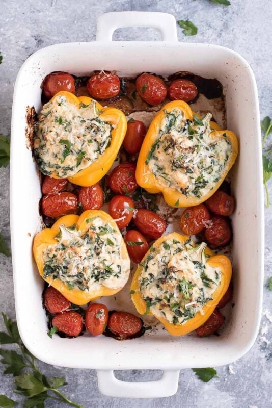 Bell peppers stuffed with a creamy spinach and ricotta filling, baked to perfection.