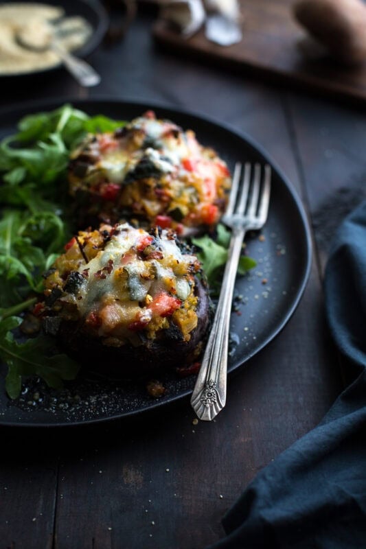 Large portabella mushrooms filled with a savory vegetable and cheese mixture.