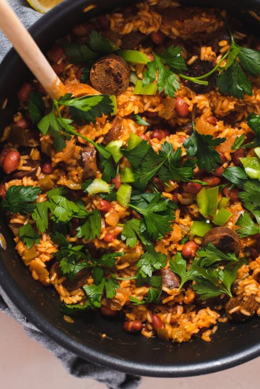 A bold, spicy jambalaya loaded with meatless sausage, rice, and Creole spices.