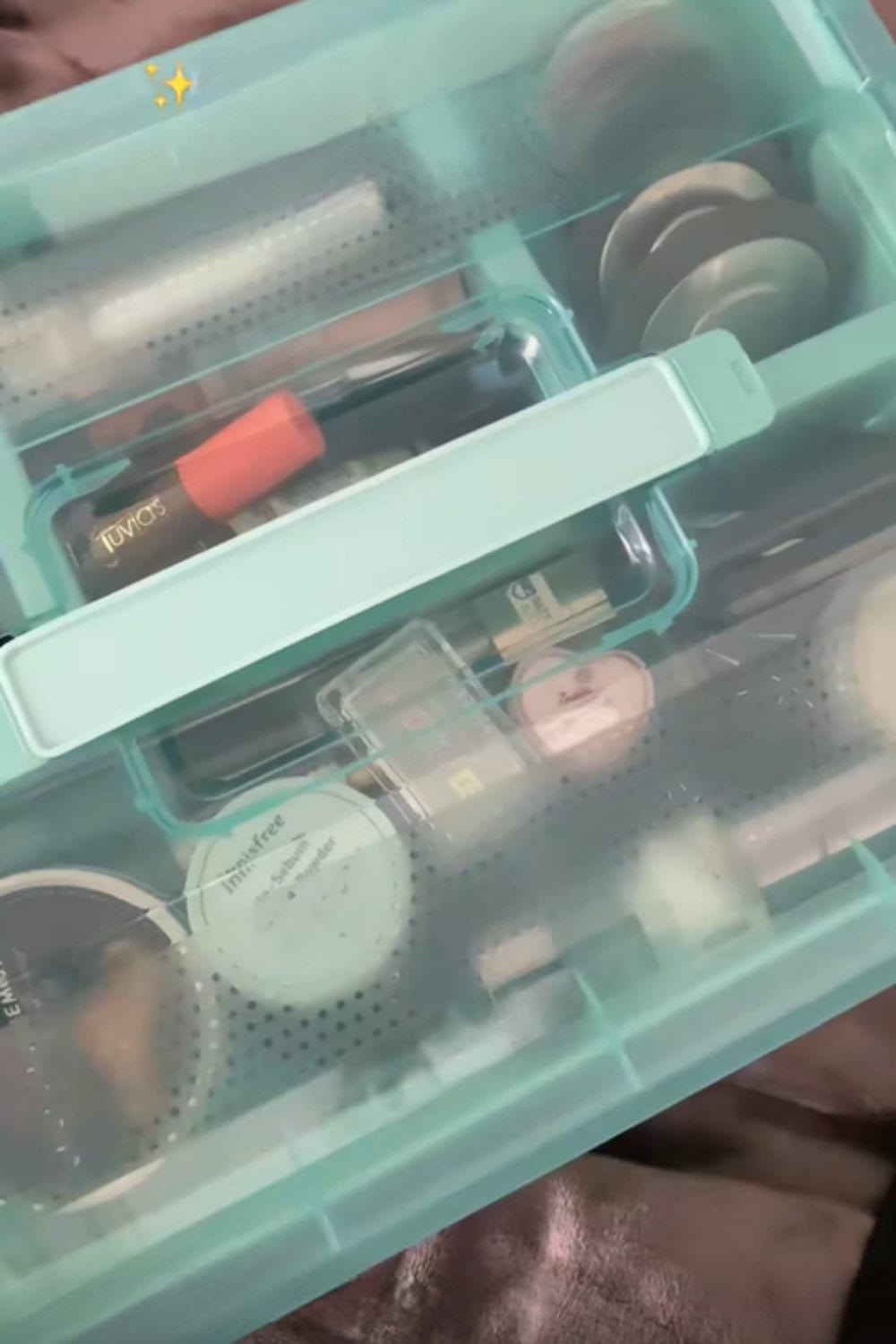 Portable storage box organizing makeup and small items, one of those dollar store hacks that keeps everything contained and easy to move.