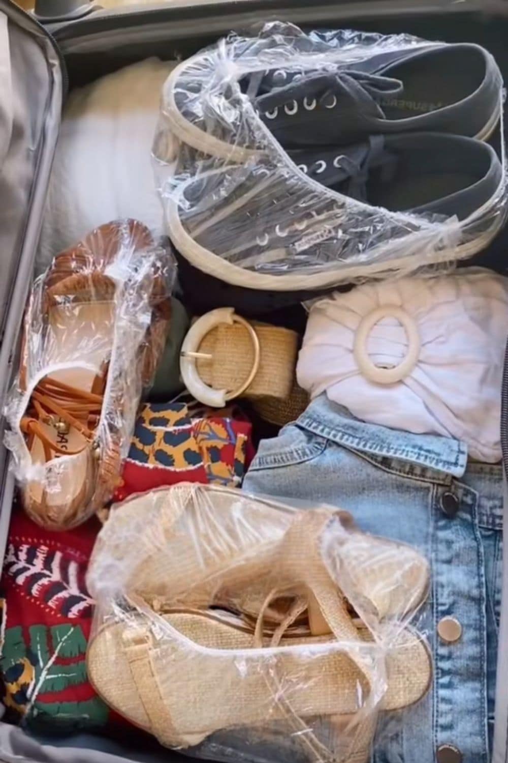 Shower caps are great for covering shoes in your suitcase. They keep dirt away from clothes and are easy to reuse. 