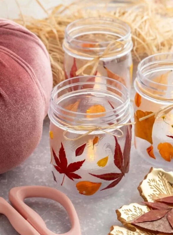 50 Dollar Tree Fall Decor Ideas To Transform Your Budget 5 Leaf‑Pressed Candle Jars