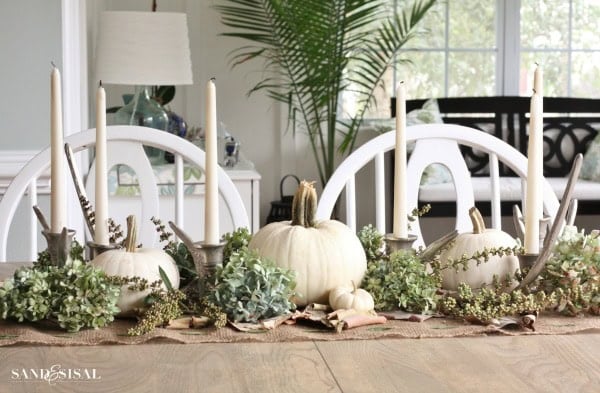 50 Dollar Tree Fall Decor Ideas To Transform Your Budget 4 White Pumpkin & Candle Tray Centerpiece