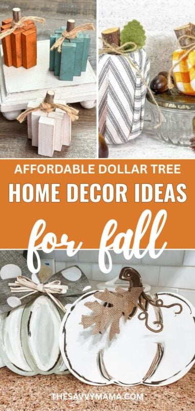 Neutral-toned Dollar Tree pumpkin crafts made with wood blocks, fabric, and burlap bows, styled on a countertop and white tray for fall home decor.