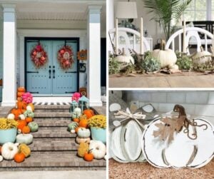 Collage showing Dollar Tree fall decor ideas including a front porch with colorful pumpkins and wreaths, a white pumpkin table centerpiece with greenery, and painted wood pumpkins with bows styled on a kitchen counter.