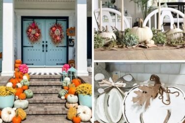 Collage showing Dollar Tree fall decor ideas including a front porch with colorful pumpkins and wreaths, a white pumpkin table centerpiece with greenery, and painted wood pumpkins with bows styled on a kitchen counter.