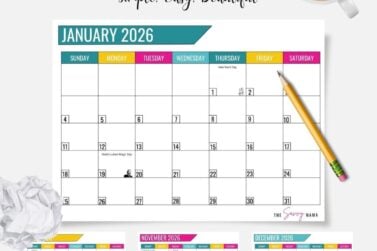 Featured image showing &ldquo;Monthly Calendars for 2026&rdquo; with the subtitle &ldquo;Simple, Easy, Beautiful.&rdquo; A clean January 2026 calendar page is centered on a light background, styled with colorful weekday headers, alongside a pencil, a cup of coffee, and soft desk accents. Smaller preview images of other 2026 monthly calendars appear along the bottom.