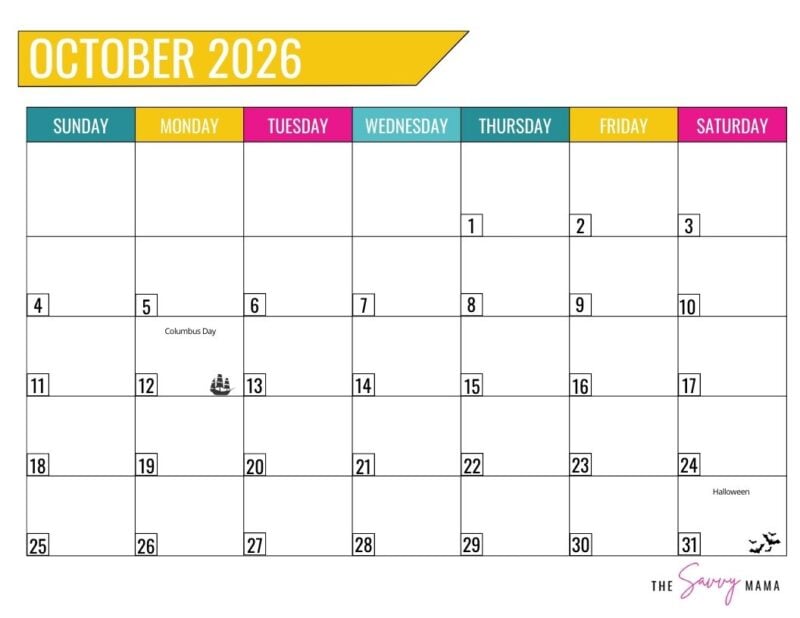 Free 2026 October Calendar Printable To Get Organized
