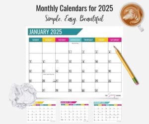 Free printable monthly calendars for 2025 featuring a clean, colorful design. The main image shows the January 2025 calendar with holidays marked, alongside smaller previews of November and December 2025. A pencil, cup of coffee, and crumpled paper add a cozy desk vibe. Simple, easy, and beautiful layout by The Savvy Mama.
