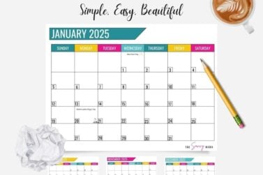 Free printable monthly calendars for 2025 featuring a clean, colorful design. The main image shows the January 2025 calendar with holidays marked, alongside smaller previews of November and December 2025. A pencil, cup of coffee, and crumpled paper add a cozy desk vibe. Simple, easy, and beautiful layout by The Savvy Mama.