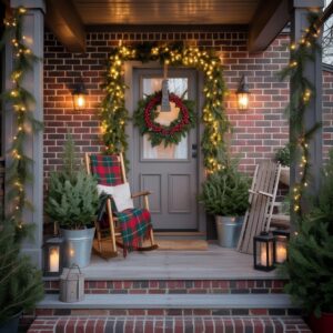 winter porch ideas - rocking chair, wreath on door, garland down posts, sled leaning on post