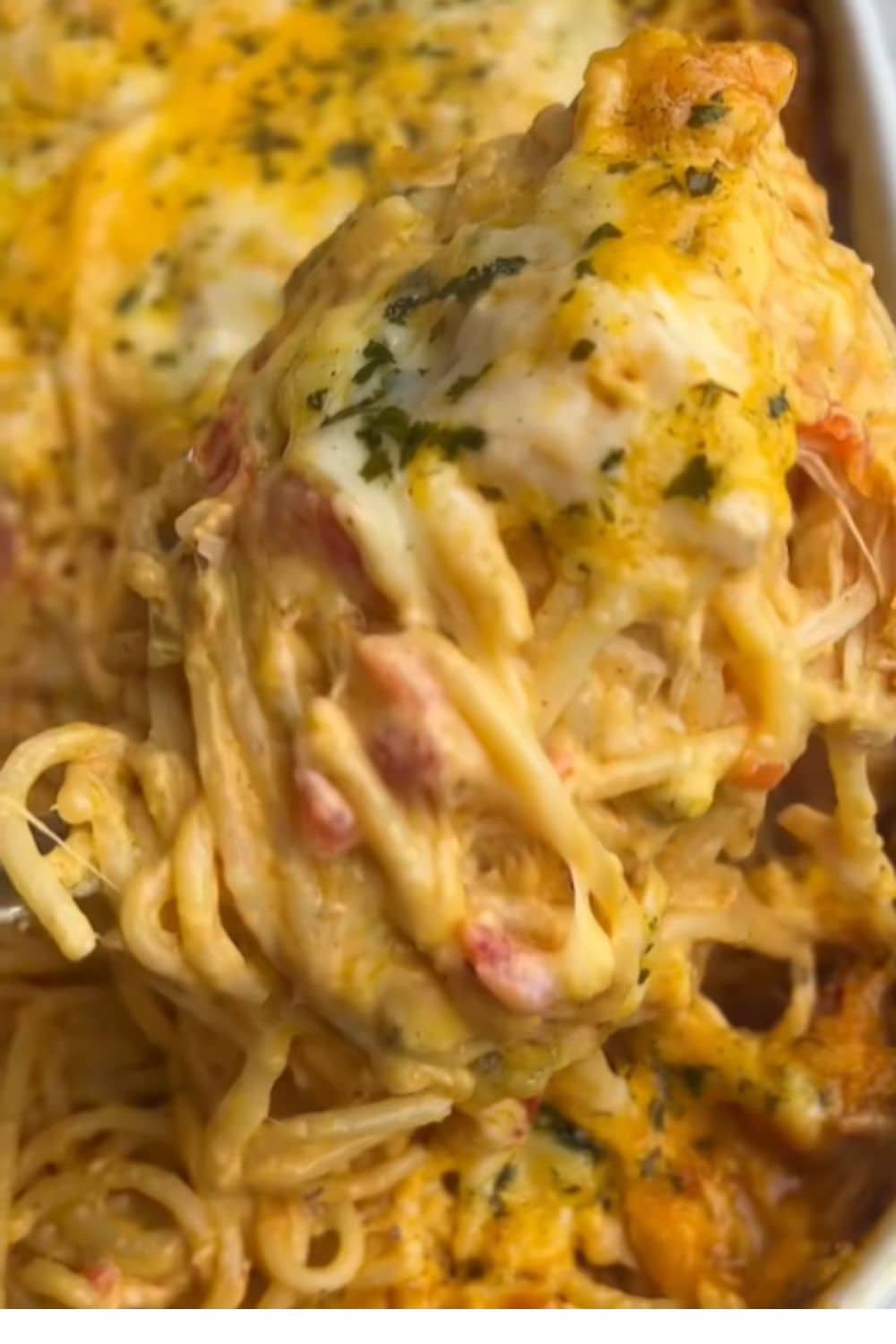 Cheesy chicken spaghetti with Rotel scooped up fresh from the pan, a bold and flavorful favorite from our dump and bake recipes.