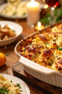 Golden, cheesy chicken casserole fresh from the oven on a cozy dinner table, perfect for easy dump and bake recipes on busy weeknights.