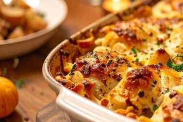 Golden, cheesy chicken casserole fresh from the oven on a cozy dinner table, perfect for easy dump and bake recipes on busy weeknights.